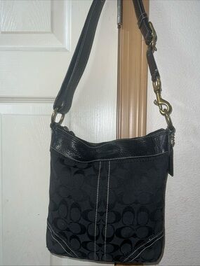 Coach Black Signature Canvas Crossbody with Leather Trim